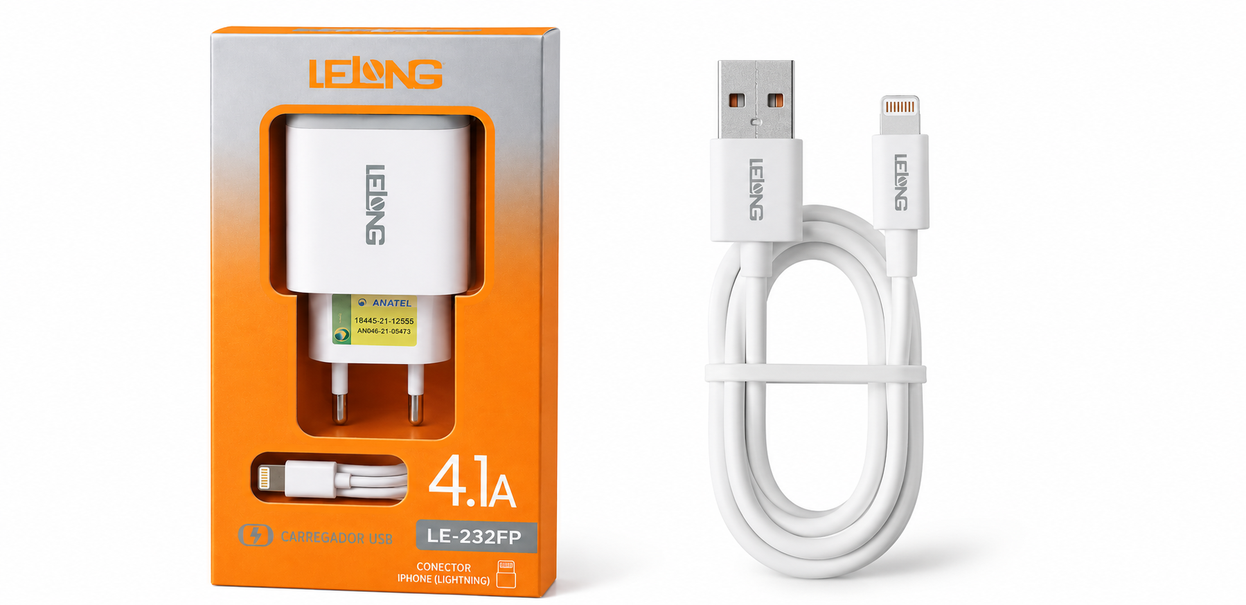 Carregador Rápido Tomada 5.1A Lelong LE-232FP com 2 Saídas USB + Cabo Lightning (para iPhone/iPad)