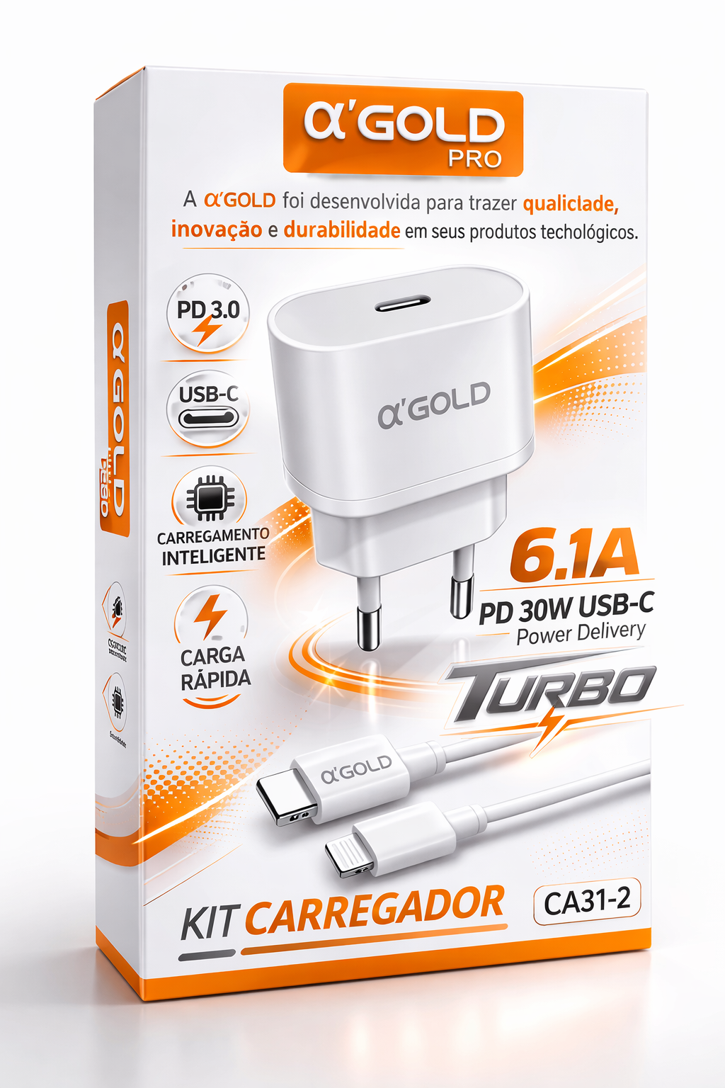 Kit Carregador de Tomada Turbo 30W A'Gold CA31-2 USB-C para Lightning com Cabo (para iPhone/iPad)