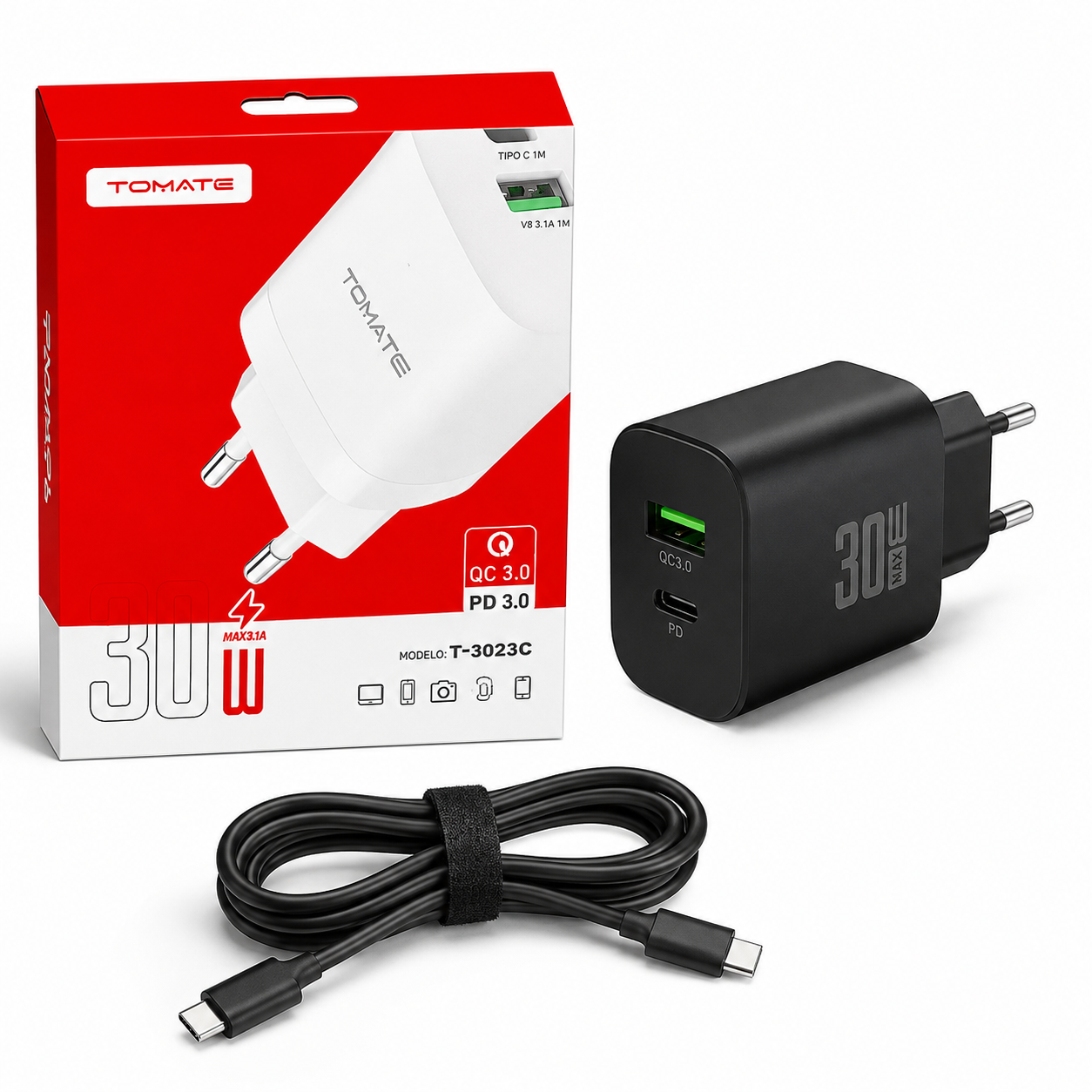 CARREGADOR TIPO C TOMATE PD 3.0 30W TOMADA PD USB + CABO C+C TT3023C ( PRETO)