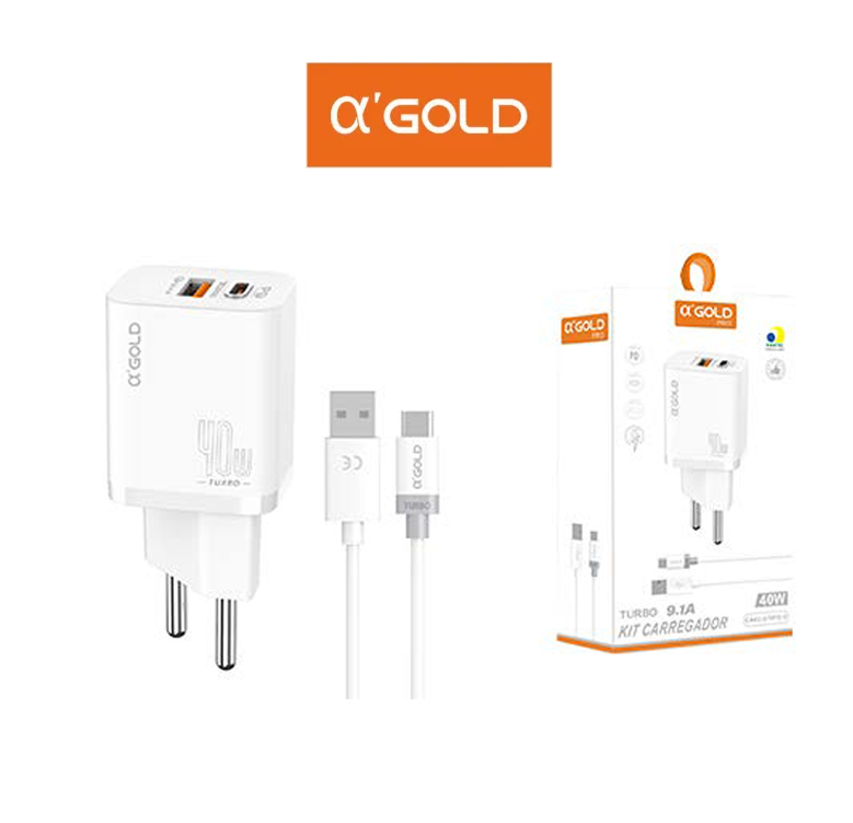 Carregador de Tomada Turbo 40W 9.1A A'Gold CA42-3 com Cabo Tipo-C (USB-C)