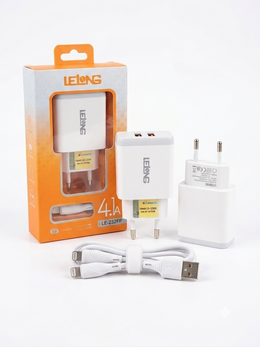 Carregador de Parede Lelong LE-232FP 4.1A 2 Portas USB com Cabo Lightning (iPhone) Homologado Anatel