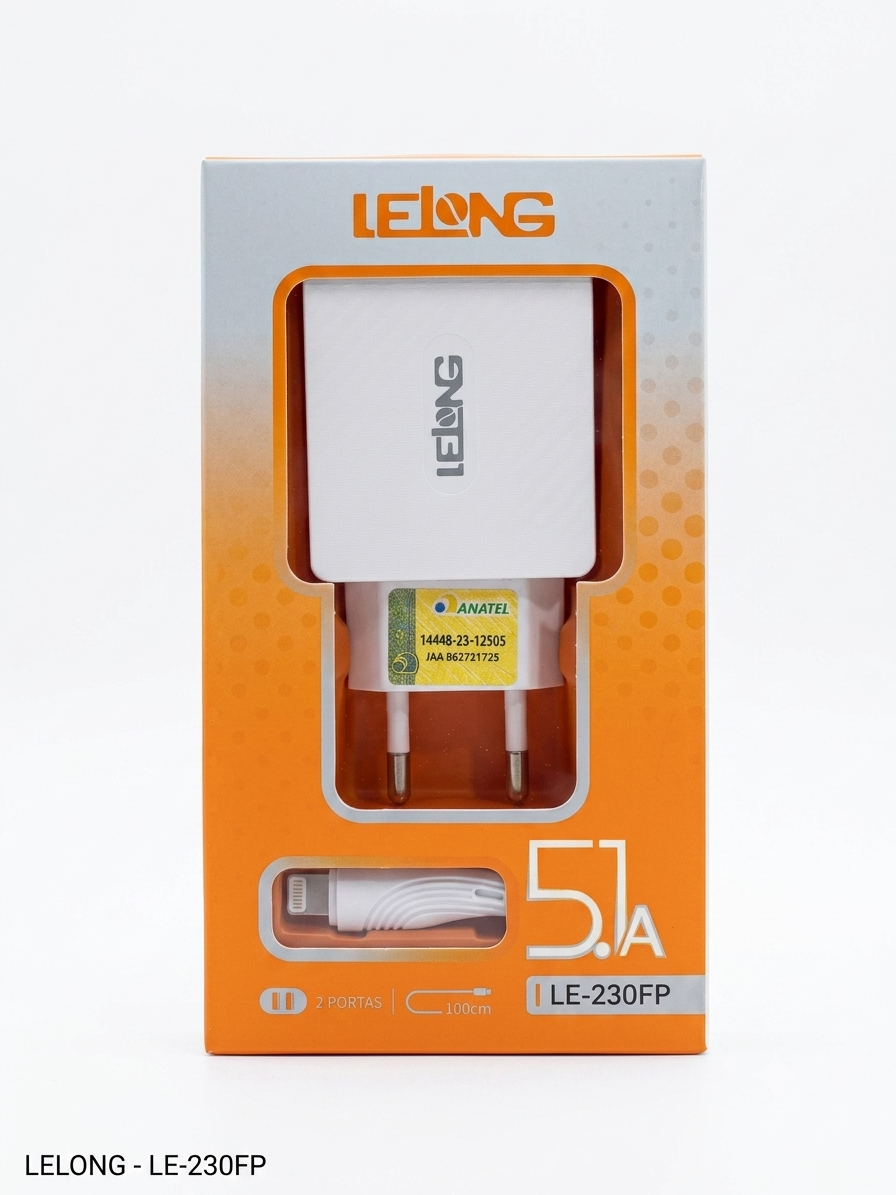 Carregador Rápido Tomada 5.1A Lelong LE-232FP com 2 Saídas USB + Cabo Lightning (para iPhone/iPad)