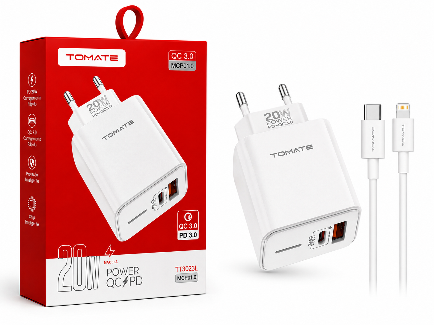 CARREGADOR IPHONE TOMATE 30W TOMADA USB + PD TT3023L