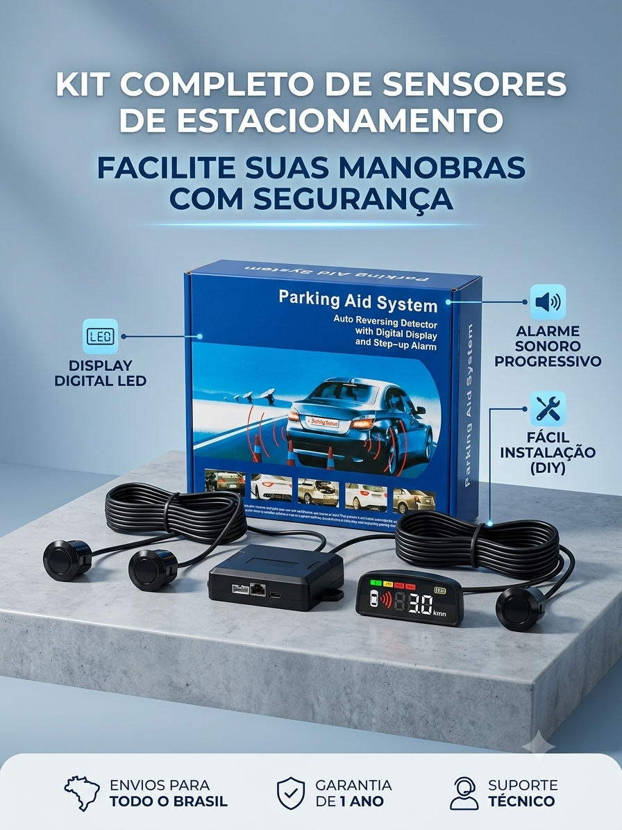 Kit Sensor de Estacionamento Ré 4 Pontos com Display LED Digital e Alarme Sonoro